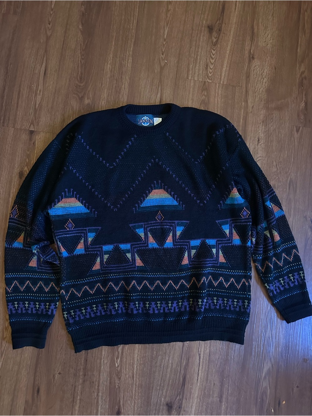 Vintage Jantzen Black Crewneck Sweater with Geometric Accents